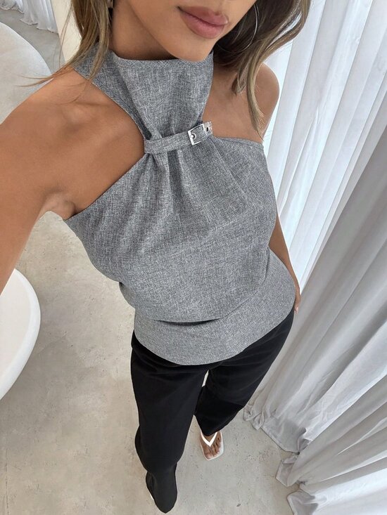 Tops - Gray Casual Women's Sleeveless High Neck With Gathering Front Detail